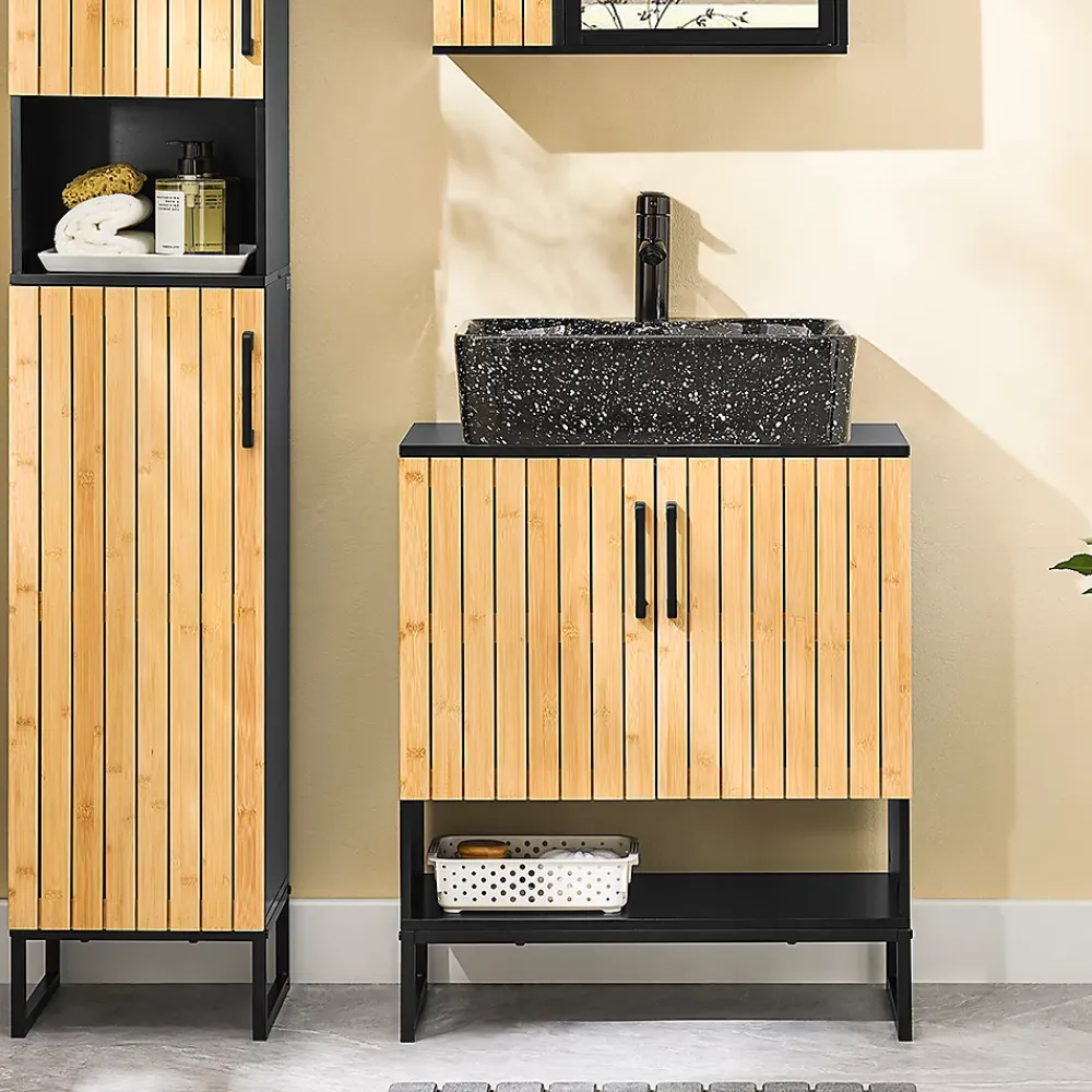 Sobuy Meuble sous Lavabo Salle de Bain 60 cm en Bambou et Métal pour Espace Réduit, BZR202-SCH