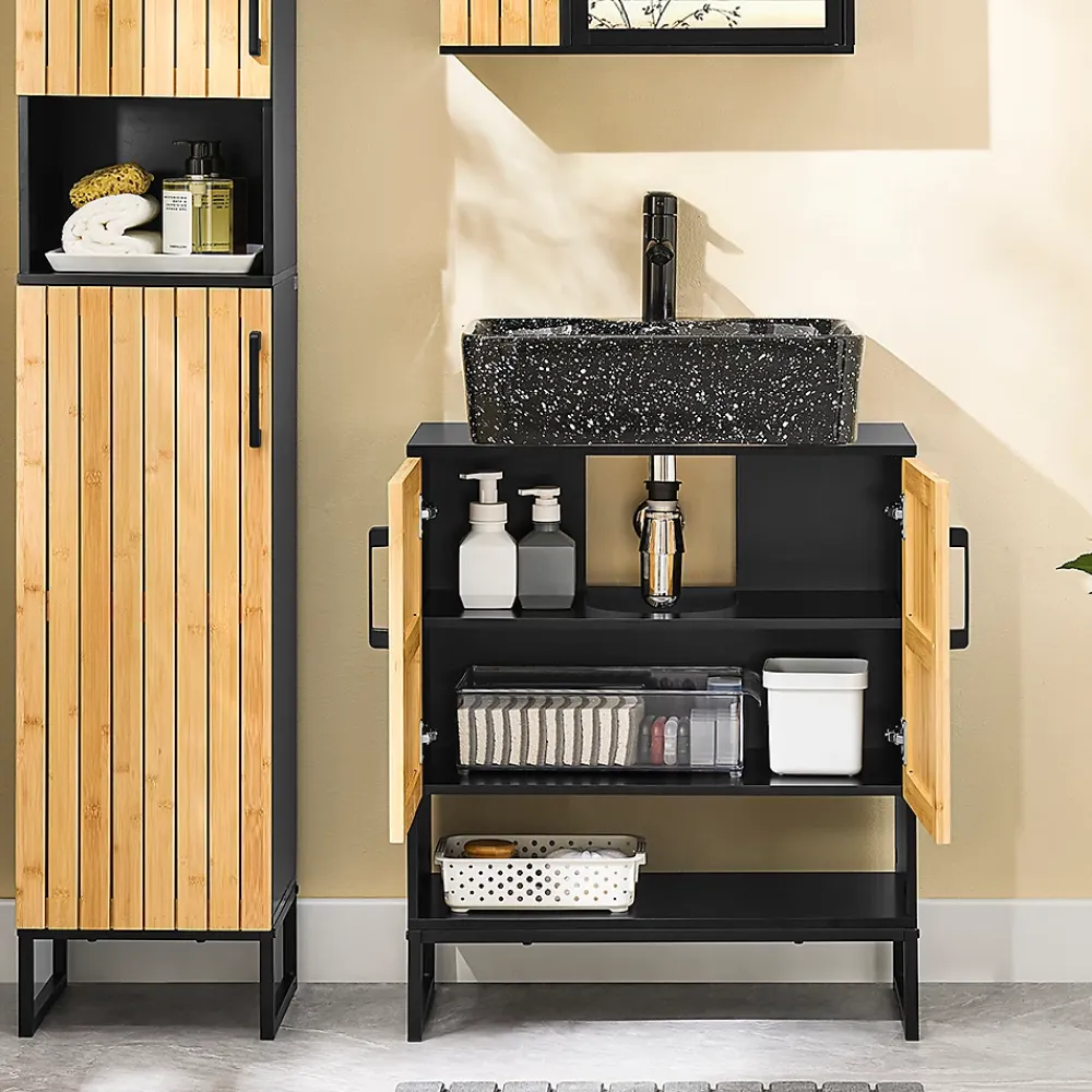 Sobuy Meuble sous Lavabo Salle de Bain 60 cm en Bambou et Métal pour Espace Réduit, BZR202-SCH