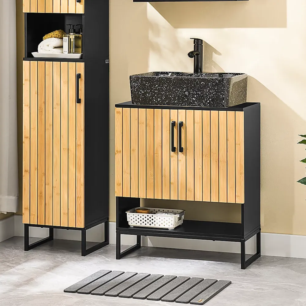 Sobuy Meuble sous Lavabo Salle de Bain 60 cm en Bambou et Métal pour Espace Réduit, BZR202-SCH