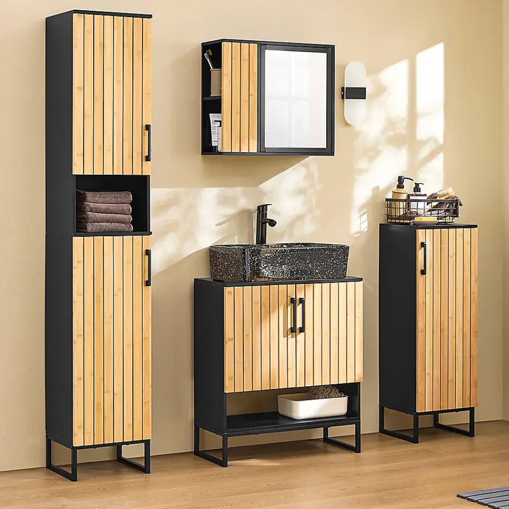 Sobuy Meuble sous Lavabo Salle de Bain 60 cm en Bambou et Métal pour Espace Réduit, BZR202-SCH