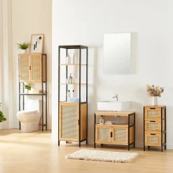 Armoire De Salle De Bains|Meuble De Salle De Bains Faible Profondeur|[En.Casa] Meuble sous lavabo Tervola bambou 60 x 60 x 35 cm noir naturel aspect rotin en.casa