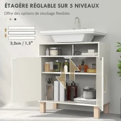 Homcom Meuble sous vasque - 2 portes, étagère, niche - MDF crème