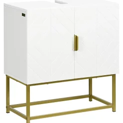 Meuble Sous-Vasque|kleankin Meuble sous vasque - 2 portes - dim. 60L x 30l x 65H cm - acier doré MDF blanc