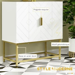 Meuble Sous-Vasque|kleankin Meuble sous vasque - 2 portes - dim. 60L x 30l x 65H cm - acier doré MDF blanc