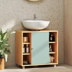 Meuble Sous-Vasque|Homcom Meuble sous vasque 6 niches porte étagère dim. 60 x 33 x 57 cm effet bois clair vert d'eau