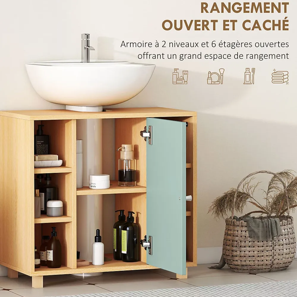 Meuble Sous-Vasque|Homcom Meuble sous vasque 6 niches porte étagère dim. 60 x 33 x 57 cm effet bois clair vert d'eau