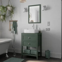 Meuble Buanderie|GoodHome Meuble sous vasque à poser l.60 cm vert + plan de toilette effet marbre blanc Cadélia, Perma