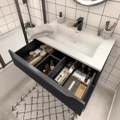 Meuble Buanderie|Meuble Sous-Vasque| Meuble sous vasque à poser noir mat l.80 x H.88 x P.50 cm, Pamili