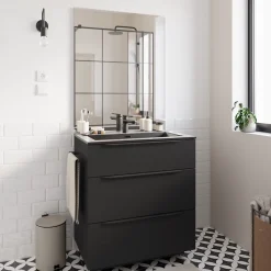 Meuble Buanderie|Meuble Sous-Vasque| Meuble sous vasque à poser noir mat l.80 x H.88 x P.50 cm, Pamili