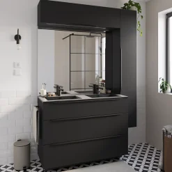 Meuble Buanderie| Meuble sous vasque à poser noir mat l.120 x H.88 x P.50 cm, Pamili