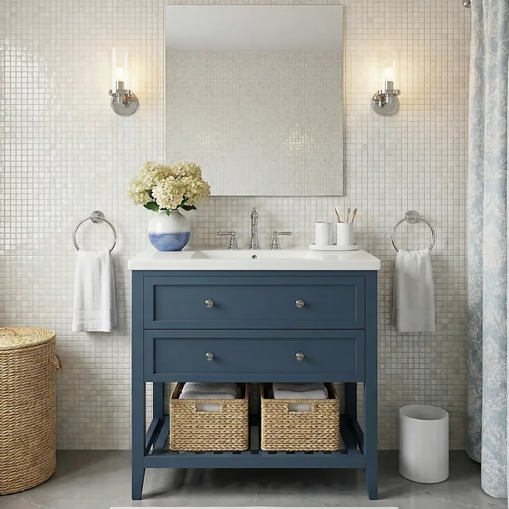 Meuble Buanderie|Meuble Vasque|GoodHome Meuble sous vasque à poser 2 tiroirs 1 niche bleu mat l.80 cm + plan de toilette, Perma