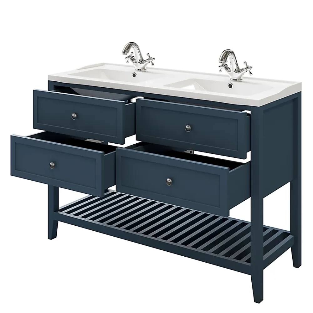 GoodHome Meuble sous vasque à poser 4 tiroirs 1 niche bleu mat l.120 cm Perma + plan double vasque Lana,