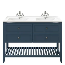 GoodHome Meuble sous vasque à poser 4 tiroirs 1 niche bleu mat l.120 cm Perma + plan double vasque Lana,