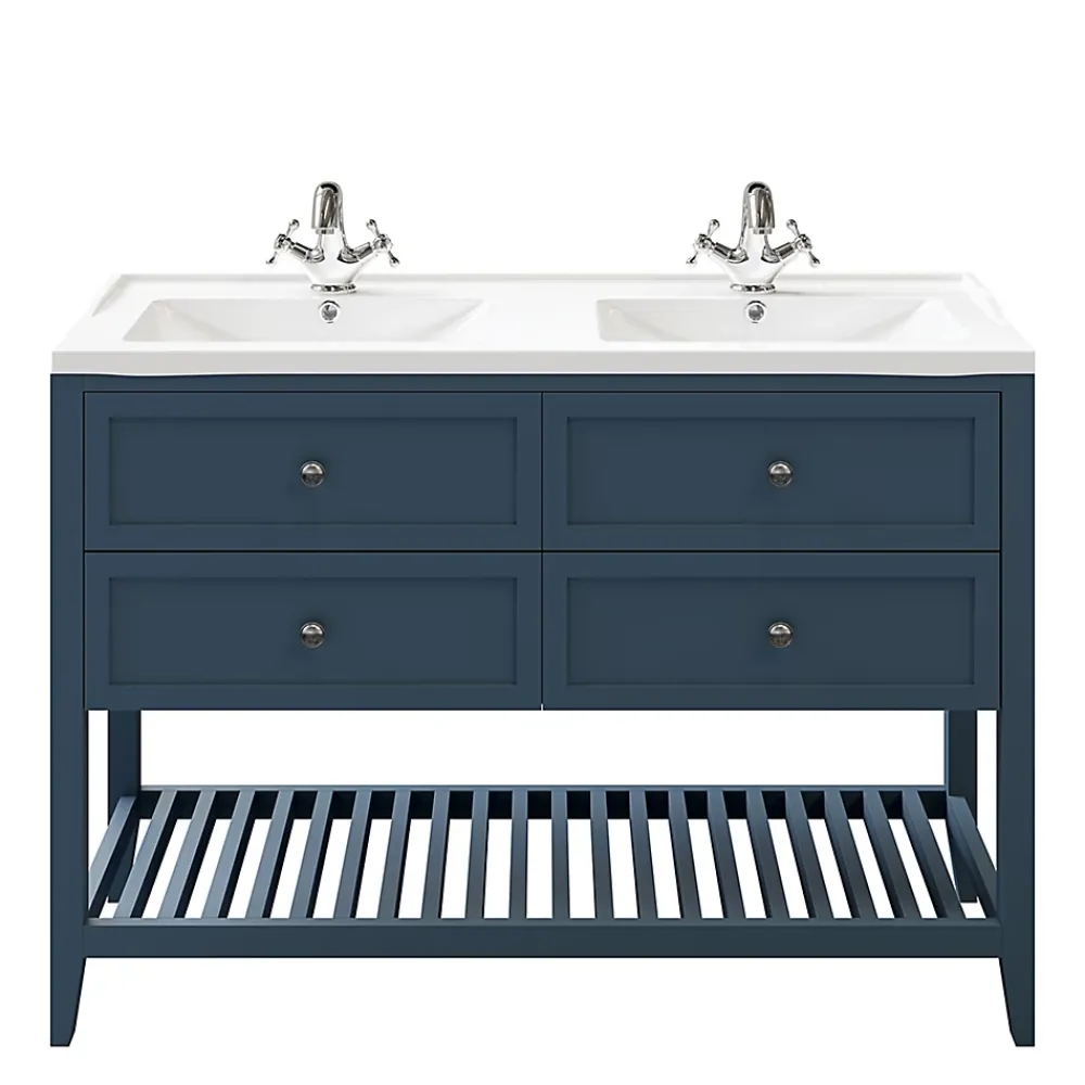 GoodHome Meuble sous vasque à poser 4 tiroirs 1 niche bleu mat l.120 cm Perma + plan double vasque Lana,