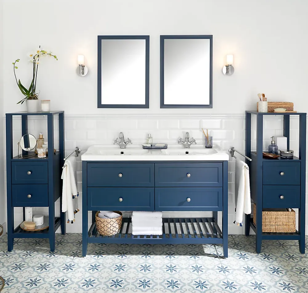 GoodHome Meuble sous vasque à poser 4 tiroirs 1 niche bleu mat l.120 cm Perma + plan double vasque Lana,