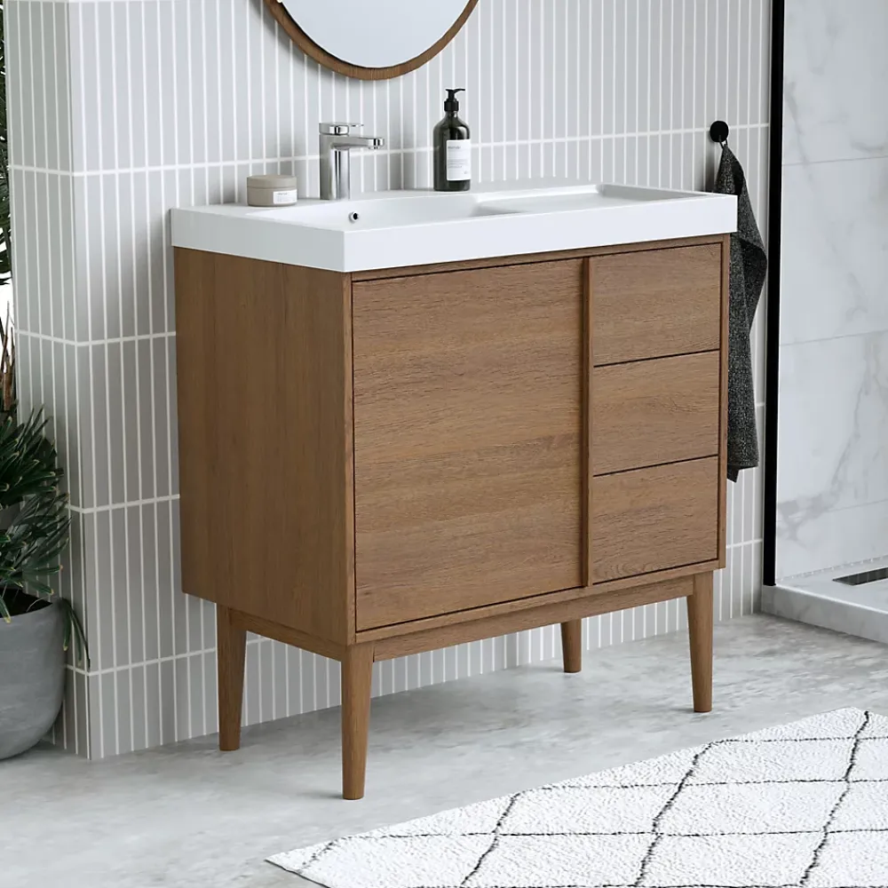 GoodHome Meuble sous vasque à poser placage chêne H.82 x P.45 x l.80 cm Kabayan