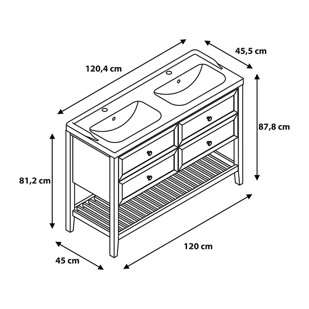 GoodHome Meuble sous vasque à poser 4 tiroirs 1 niche placage chêne l.120 cm Perma + plan double vasque céramique blanc Lana,