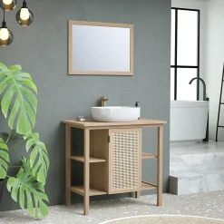 Meuble sous vasque à poser avec plan de toilette l.84 x H.80 x P.50 cm, 1 porte, placage chêne et cannage, Thiam