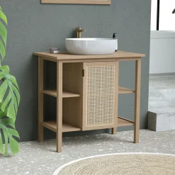 Meuble sous vasque à poser avec plan de toilette l.84 x H.80 x P.50 cm, 1 porte, placage chêne et cannage, Thiam