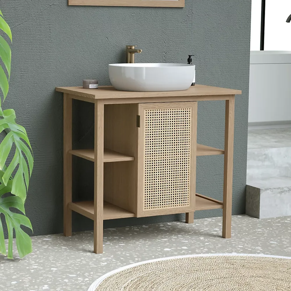 Meuble sous vasque à poser avec plan de toilette l.84 x H.80 x P.50 cm, 1 porte, placage chêne et cannage, Thiam