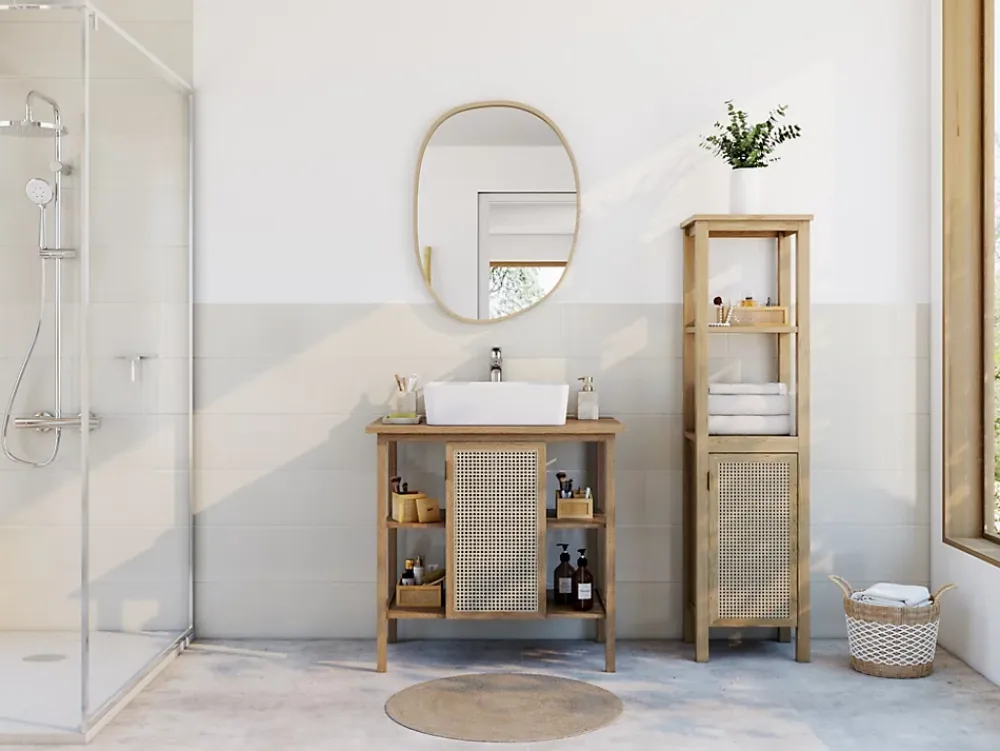 Meuble sous vasque à poser avec plan de toilette l.84 x H.80 x P.50 cm, 1 porte, placage chêne et cannage, Thiam