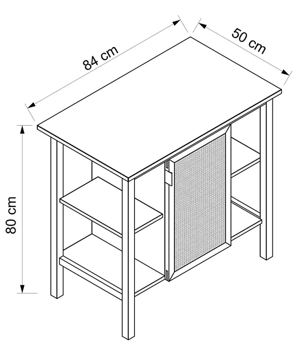 Meuble sous vasque à poser avec plan de toilette l.84 x H.80 x P.50 cm, 1 porte, placage chêne et cannage, Thiam