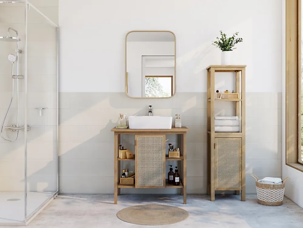 Meuble sous vasque à poser avec plan de toilette l.84 x H.80 x P.50 cm, 1 porte, placage chêne et cannage, Thiam