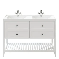 Meuble Vasque|GoodHome Meuble sous vasque à poser 4 tiroirs 1 niche blanc mat l.120 cm Perma + plan double vasque Lana,