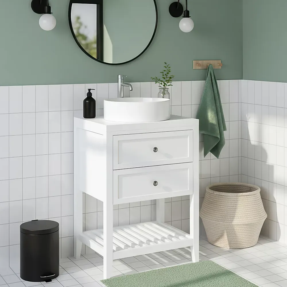 GoodHome Meuble sous vasque à poser 2 tiroirs 1 niche blanc mat l.60 cm + plan de toilette, Perma