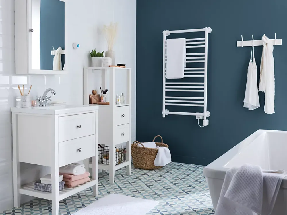 GoodHome Meuble sous vasque à poser 2 tiroirs 1 niche blanc mat l.60 cm Perma + plan vasque céramique blanc Lana,
