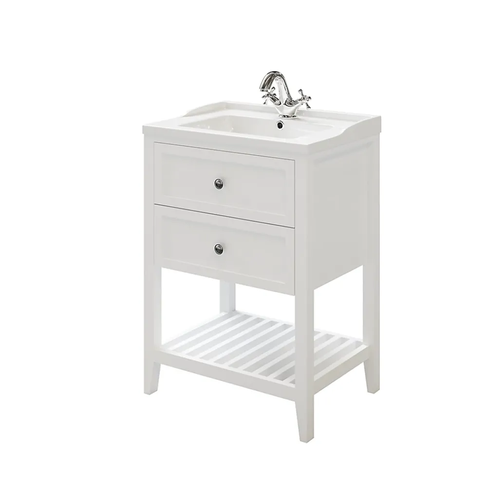 GoodHome Meuble sous vasque à poser 2 tiroirs 1 niche blanc mat l.60 cm Perma + plan vasque céramique blanc Lana,