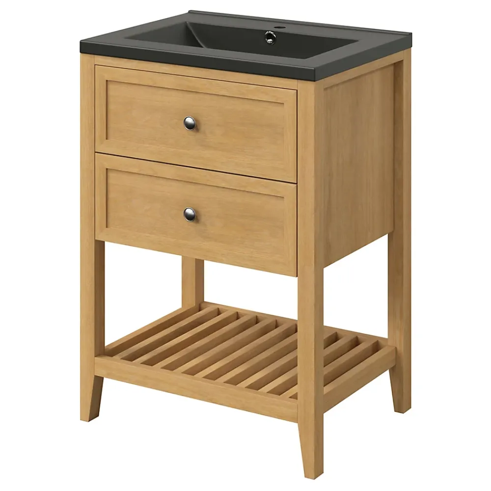 Meuble Buanderie|Meuble Sous-Vasque|GoodHome Meuble sous vasque à poser placage chêne l.60 x H.80,6 x P.45 cm, Perma