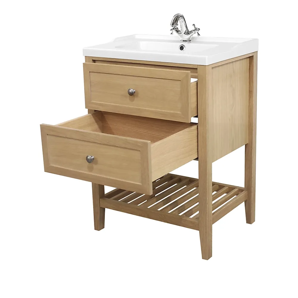 Meuble Buanderie|Meuble Sous-Vasque|GoodHome Meuble sous vasque à poser placage chêne l.60 x H.80,6 x P.45 cm, Perma