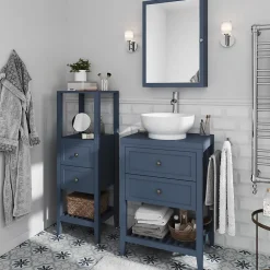 GoodHome Meuble sous vasque à poser 2 tiroirs 1 niche bleu mat l.60 cm + plan de toilette, Perma