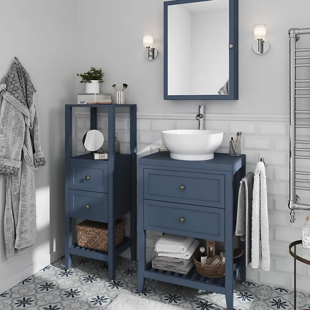 GoodHome Meuble sous vasque à poser 2 tiroirs 1 niche bleu mat l.60 cm + plan de toilette, Perma