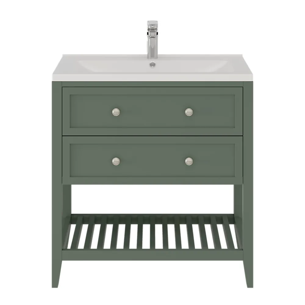 GoodHome Meuble sous vasque à poser 2 tiroirs 1 niche vert mat l.80 x H.80,6 x P.45 cm, Perma
