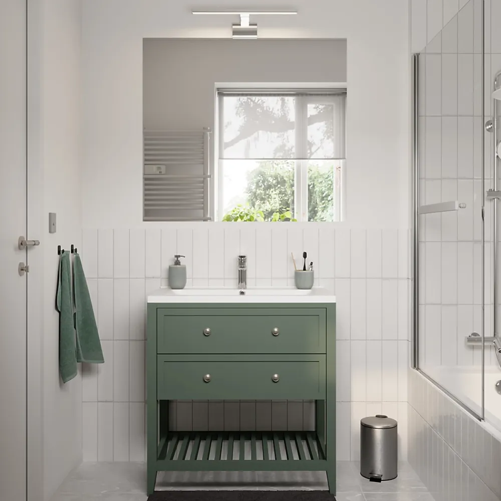 GoodHome Meuble sous vasque à poser 2 tiroirs 1 niche vert mat l.80 x H.80,6 x P.45 cm, Perma