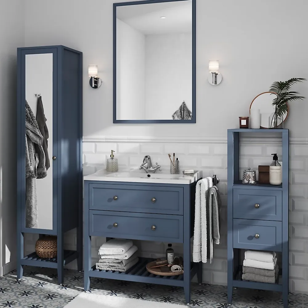 Meuble Buanderie|Meuble Sous-Vasque|GoodHome Meuble sous vasque à poser 2 tiroirs bleu mat L.80 x H.80 x P.45 cm, Perma