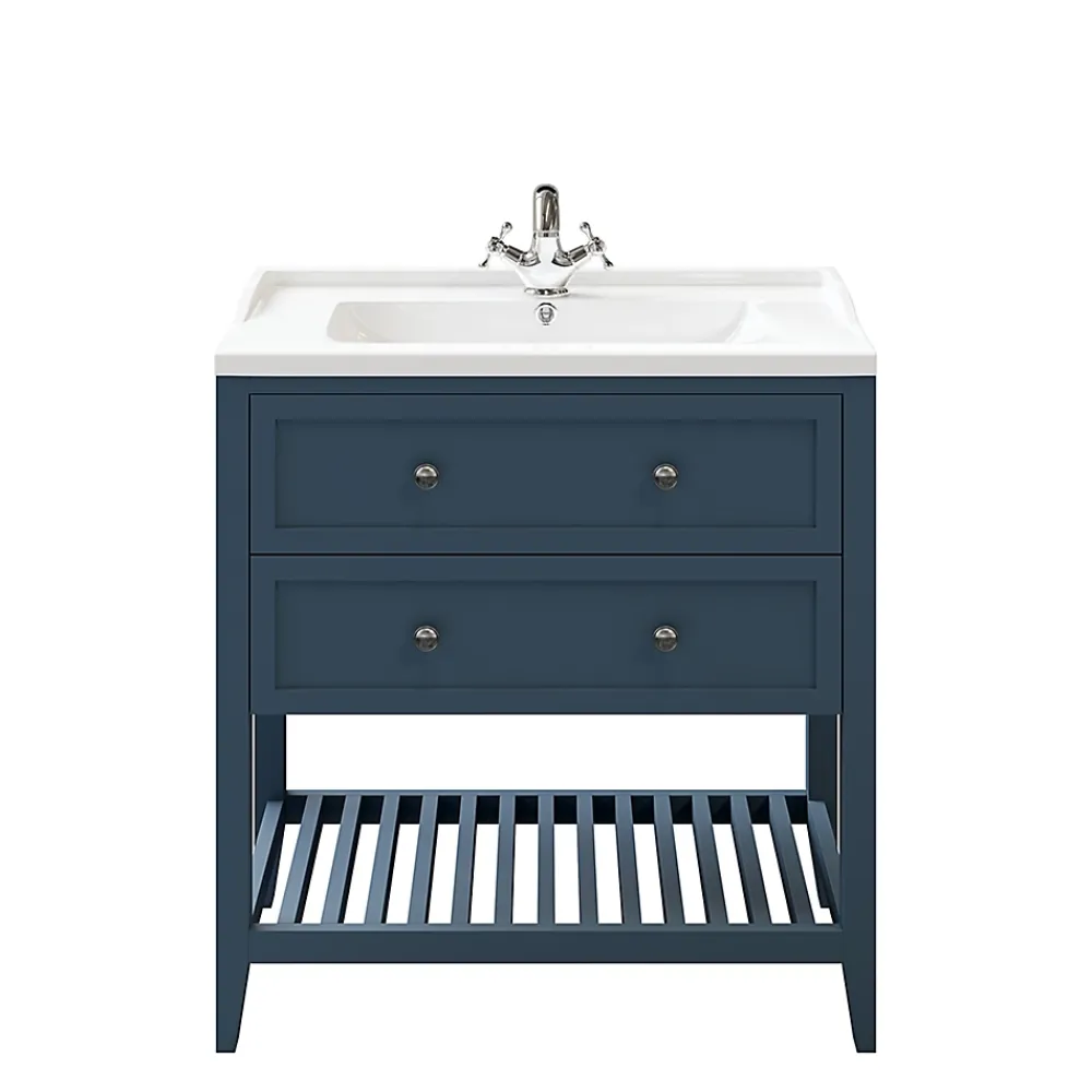 Meuble Buanderie|Meuble Sous-Vasque|GoodHome Meuble sous vasque à poser 2 tiroirs bleu mat L.80 x H.80 x P.45 cm, Perma
