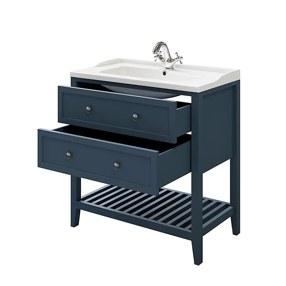 Meuble Buanderie|Meuble Sous-Vasque|GoodHome Meuble sous vasque à poser 2 tiroirs bleu mat L.80 x H.80 x P.45 cm, Perma