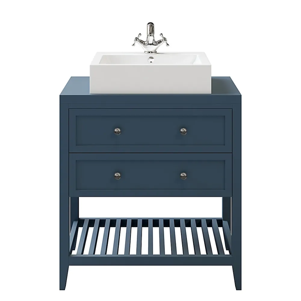 Meuble Buanderie|Meuble Sous-Vasque|GoodHome Meuble sous vasque à poser 2 tiroirs bleu mat L.80 x H.80 x P.45 cm, Perma