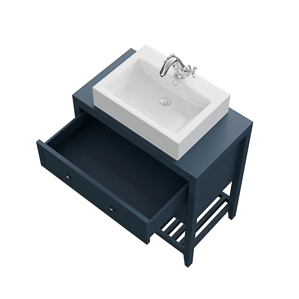 Meuble Buanderie|Meuble Sous-Vasque|GoodHome Meuble sous vasque à poser 2 tiroirs bleu mat L.80 x H.80 x P.45 cm, Perma