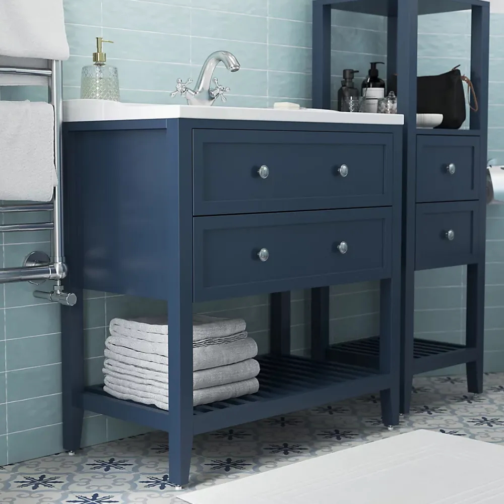 Meuble Buanderie|Meuble Sous-Vasque|GoodHome Meuble sous vasque à poser 2 tiroirs bleu mat L.80 x H.80 x P.45 cm, Perma