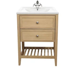 Meuble Vasque|GoodHome Meuble sous vasque à poser 2 tiroirs 1 niche placage chêne l.60 cm Perma + plan vasque blanc Lana,