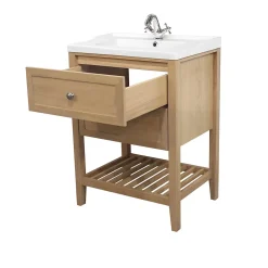 Meuble Vasque|GoodHome Meuble sous vasque à poser 2 tiroirs 1 niche placage chêne l.60 cm Perma + plan vasque blanc Lana,