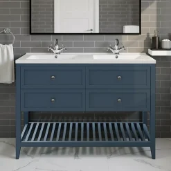 Meuble Vasque|GoodHome Meuble sous vasque à poser 4 tiroirs 1 niche bleu mat l.120 cm Perma + plan double vasque Nira,
