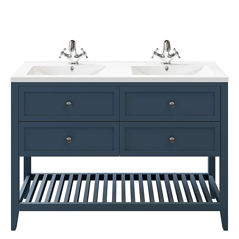 Meuble Vasque|GoodHome Meuble sous vasque à poser 4 tiroirs 1 niche bleu mat l.120 cm Perma + plan double vasque Nira,