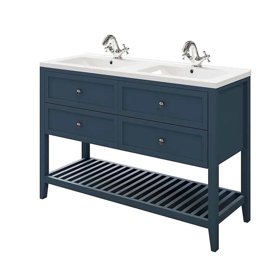 Meuble Vasque|GoodHome Meuble sous vasque à poser 4 tiroirs 1 niche bleu mat l.120 cm Perma + plan double vasque Nira,