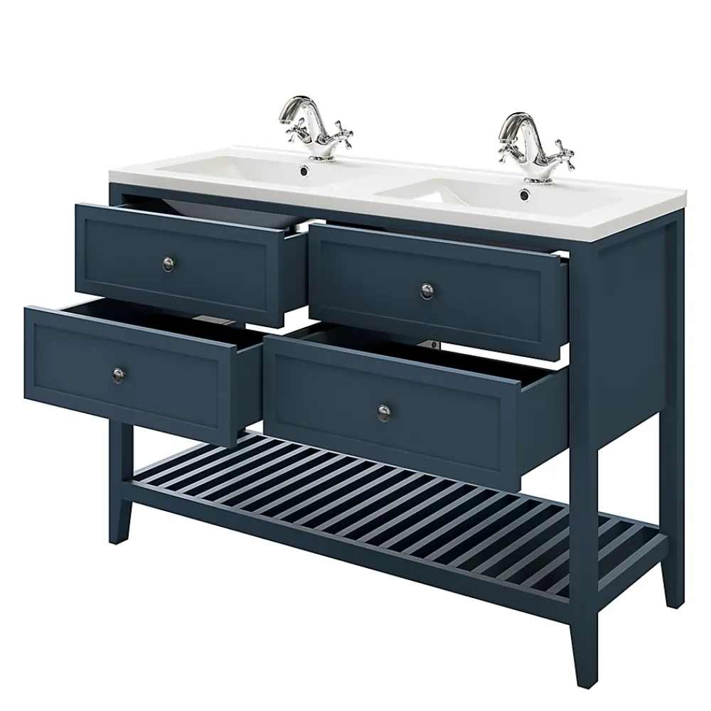 Meuble Vasque|GoodHome Meuble sous vasque à poser 4 tiroirs 1 niche bleu mat l.120 cm Perma + plan double vasque Nira,
