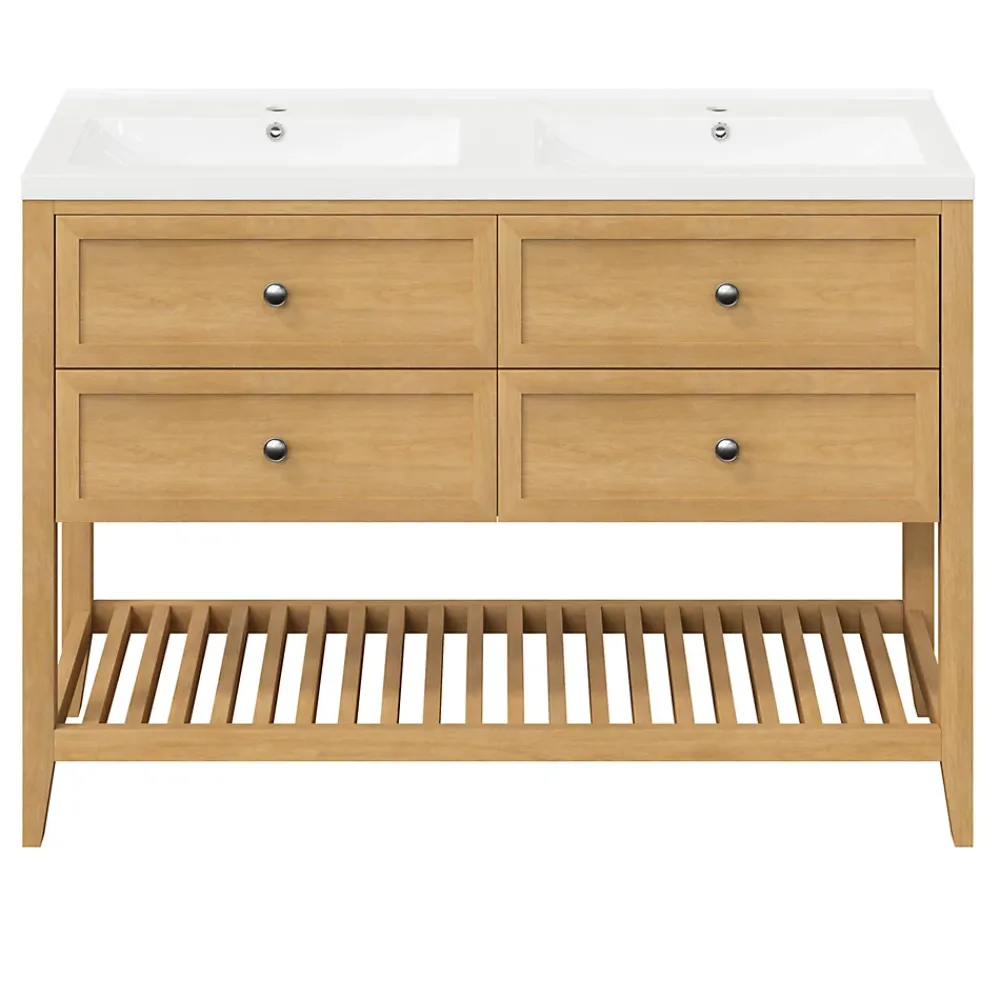 GoodHome Meuble sous vasque à poser 4 tiroirs placage chêne l.120 x H.80,6 x P.45 cm, Perma